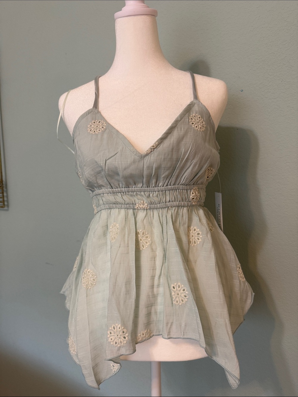 Embroidered light Minty BlueGreen Smocked Waist Camisole